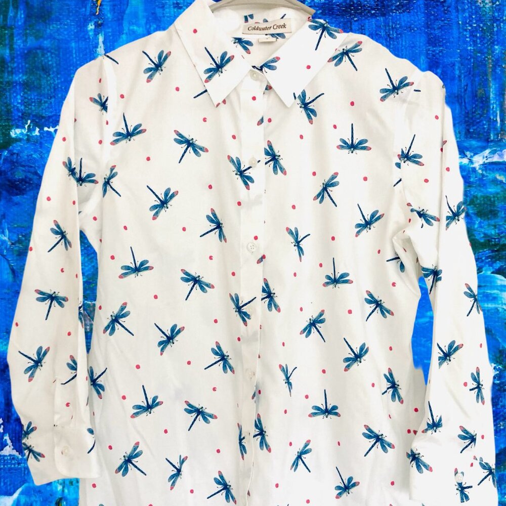 Crisp White Cotton Long Sleeved Blouse: Blue Dragonflies by Coldwater Creek (4)